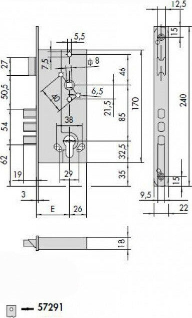Cisa 57291-45 Κλειδαριά Ασφαλείας Ξύλινης Πόρτας με 3 Κλειδιά Χρηματοκιβωτίου και Γλώσσα Πομόλου 3 Πείρων 2 Στροφών Χρυσή Ε=45mm
