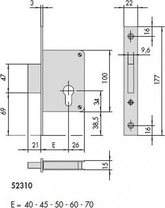 Cisa 52310-40 Κλειδαριά Ασφαλείας Ξύλινης Πόρτας Κυλίνδρου 2 Στροφών Χρυσή 40mm