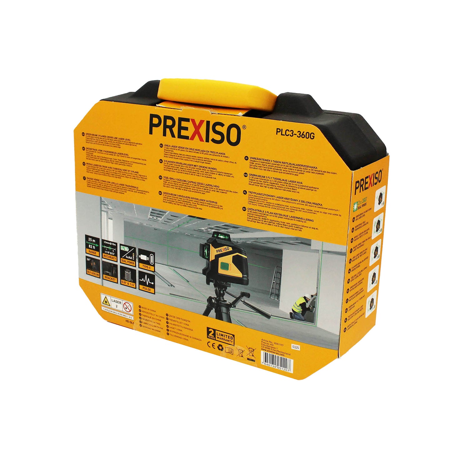 Prexiso PLC3-360G Επανφορτιζόμενο Αλφάδι Laser Σταυρού 3 Δεσμών (Πράσινη Δέσμη) 25m 360°