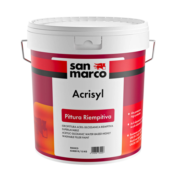 San Marco Acrisyl Pittura Riempitiva Ακρυλικό-Σιλοξανικό Χρώμα Νερού Εξωτερικής Χρήσης με Ψιλή Άμμο Λευκό