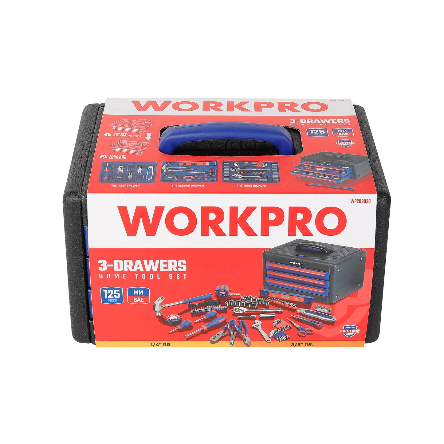 WorkPro WP209028 Εργαλειοθήκη 3 Συρταριών με 125τμχ Εργαλείων Χειρός