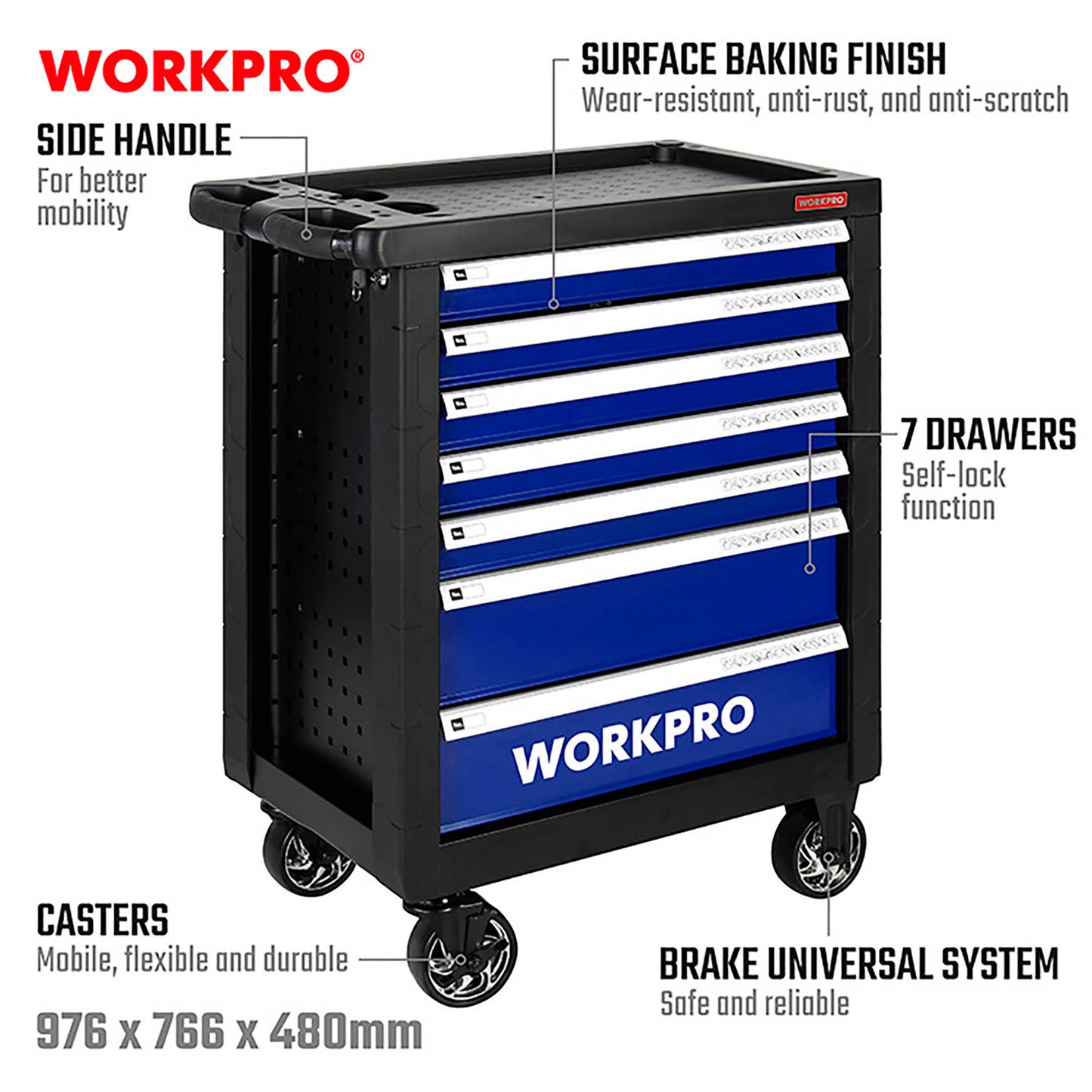 WorkPro WP285002 Τροχήλατος Εργαλειοφόρος 7 Συρταριών 976x766x480mm