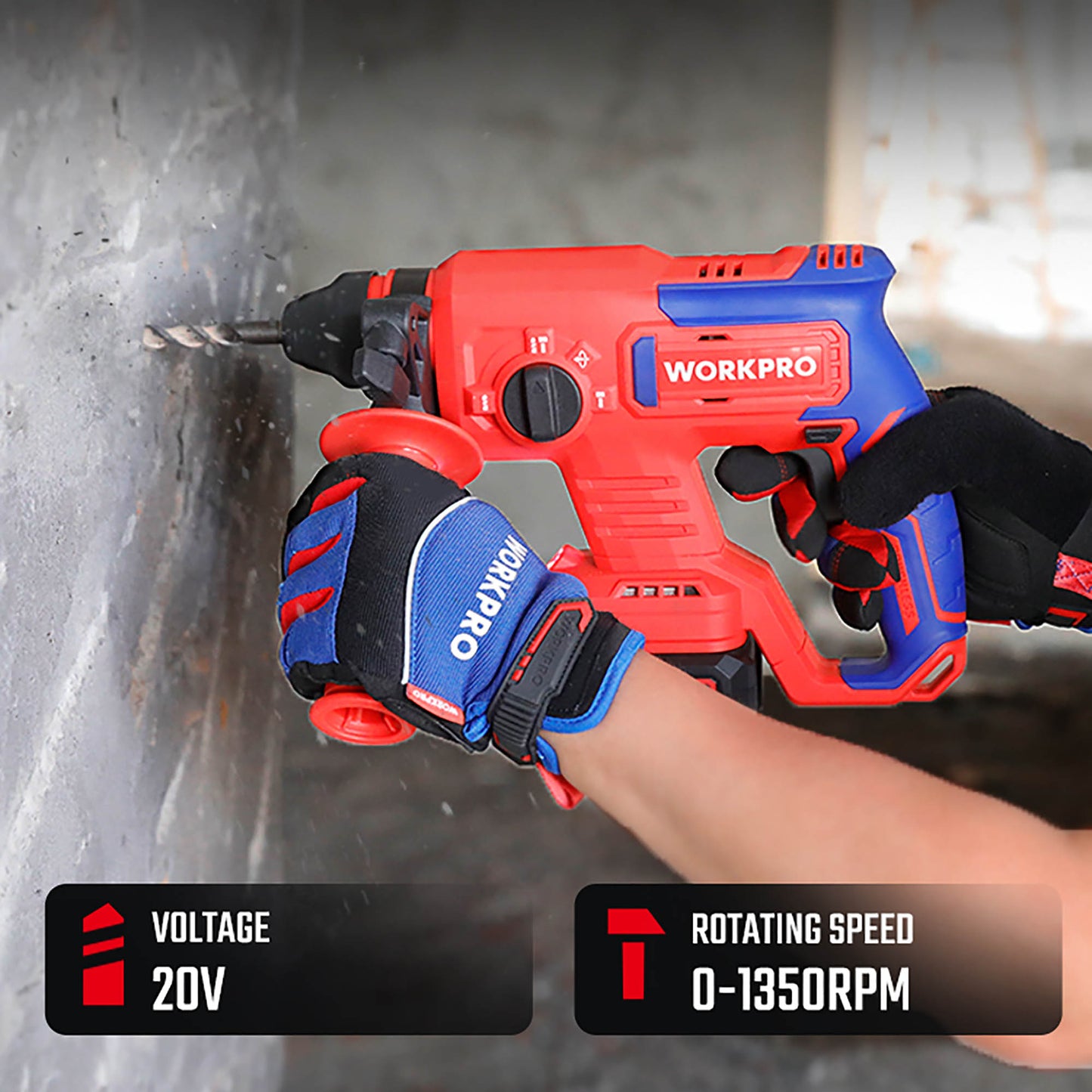 WorkPro WP390300 Επαναφορτιζόμενο Σκαπτικό Περιστροφικό Πιστολέτο SDS-Plus Μπαταρίας 20V-Li BL SOLO