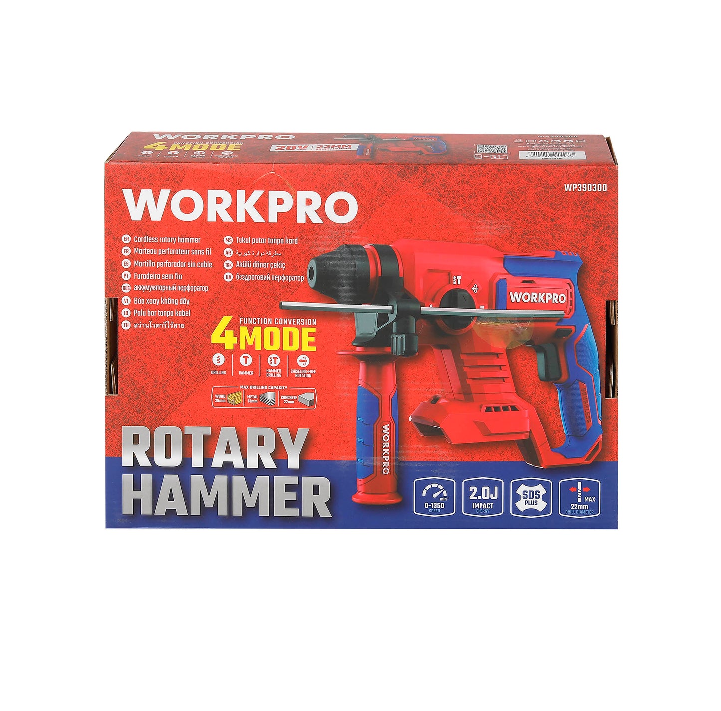 WorkPro WP390300 Επαναφορτιζόμενο Σκαπτικό Περιστροφικό Πιστολέτο SDS-Plus Μπαταρίας 20V-Li BL SOLO