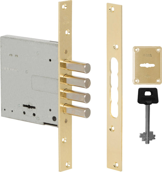 Cisa 57028-60 Κλειδαριά Ασφαλείας Ξύλινης Πόρτας Χωρίς Γλώσσα 3 Κλειδιά Χρηματοκιβωτίου 4 Πείρων 4 Στροφών Χρυσή 60mm