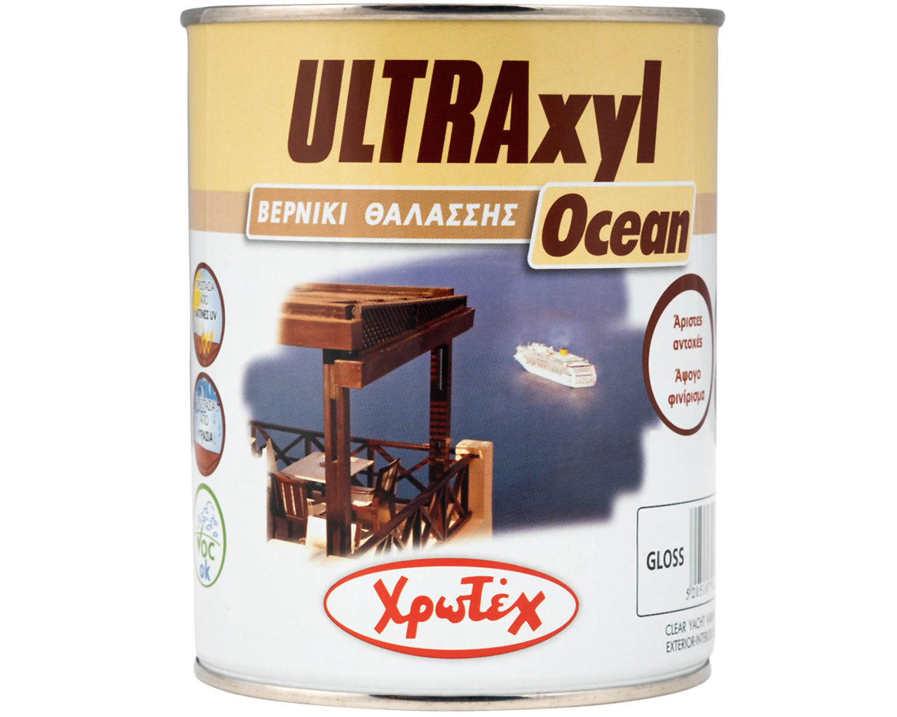 Χρωτέχ Ultraxyl Ocean Βερνίκι Θαλάσσης Ξύλου Ιδανικό για προστασία από έντονη Υγρασία και Ηλιοφάνεια περιέχει Φίλτρα UV Διάφανο 750ml