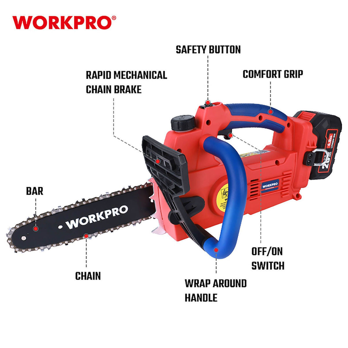 WorkPro WP391601 Επαναφορτιζόμενο Αλυσοπρίονο Κλαδευτικό (250mm) 20V-Li BL (2×4,0AH)