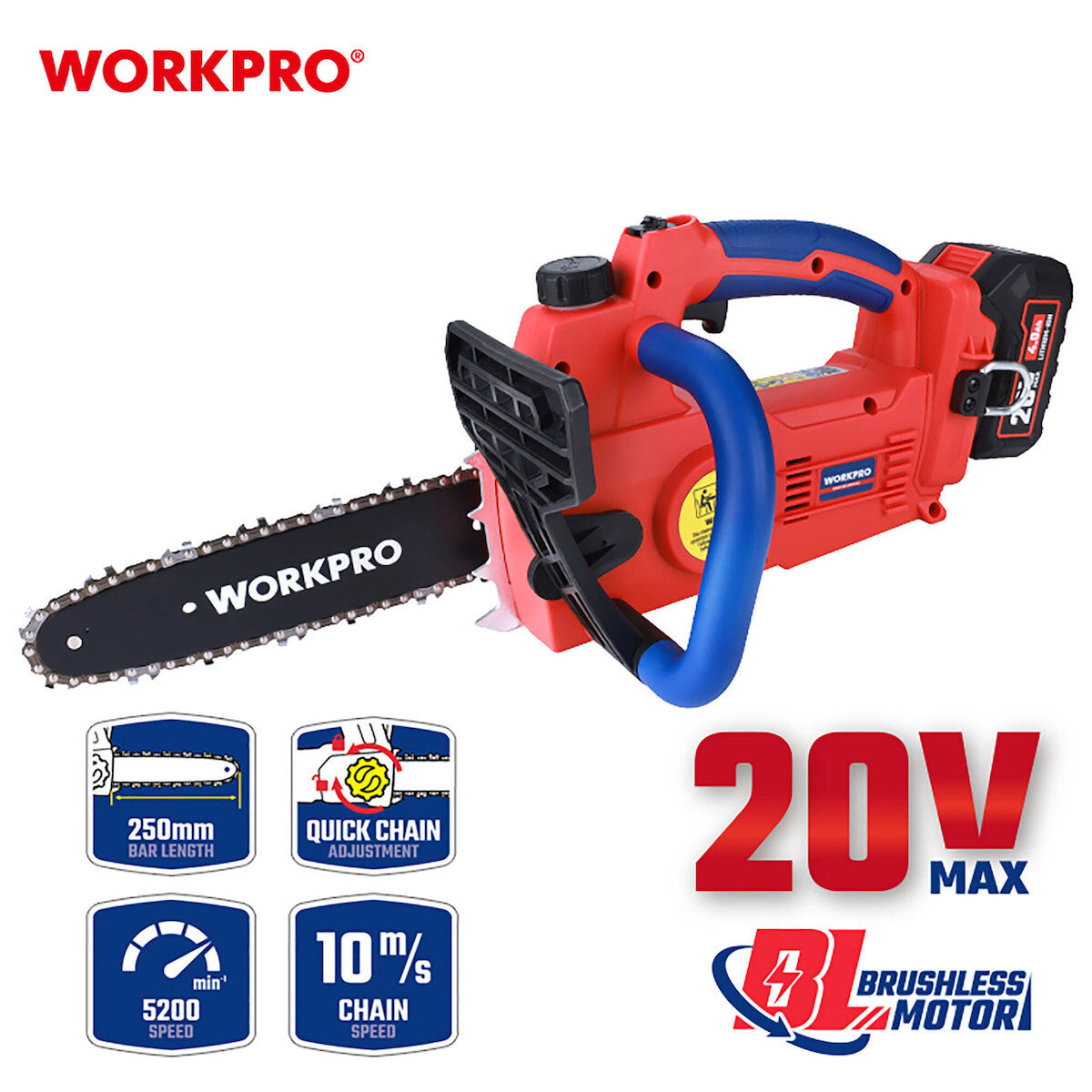 WorkPro WP391601 Επαναφορτιζόμενο Αλυσοπρίονο Κλαδευτικό (250mm) 20V-Li BL (2×4,0AH)