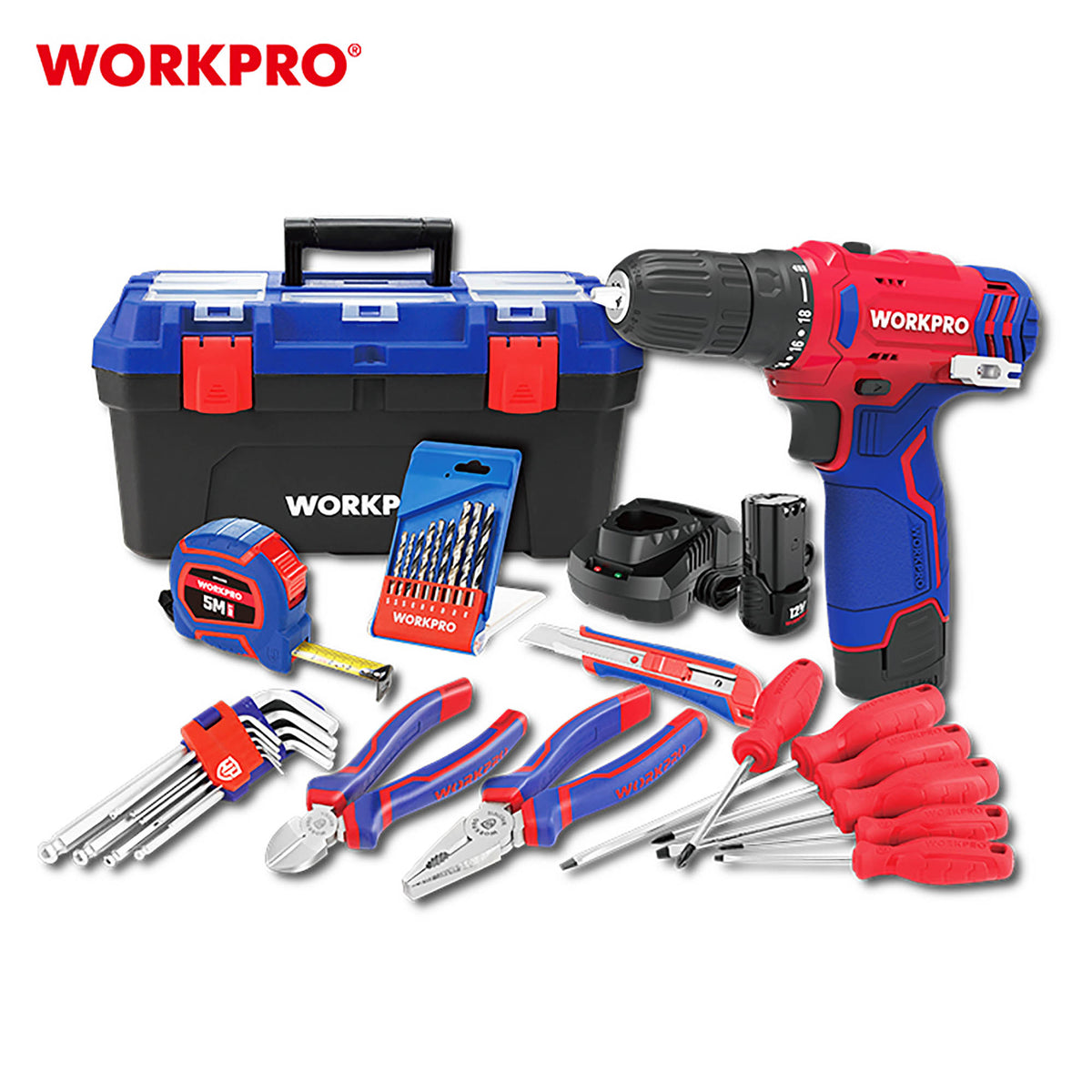 WorkPro WP500005 Επανοφορτιζόμενο Δραπανοκατσάβιδο Μπαταρίας 12V-Li BL 25Nm (2×2,0AH) + Εργαλειοθήκη 500mm COMBO-KIT