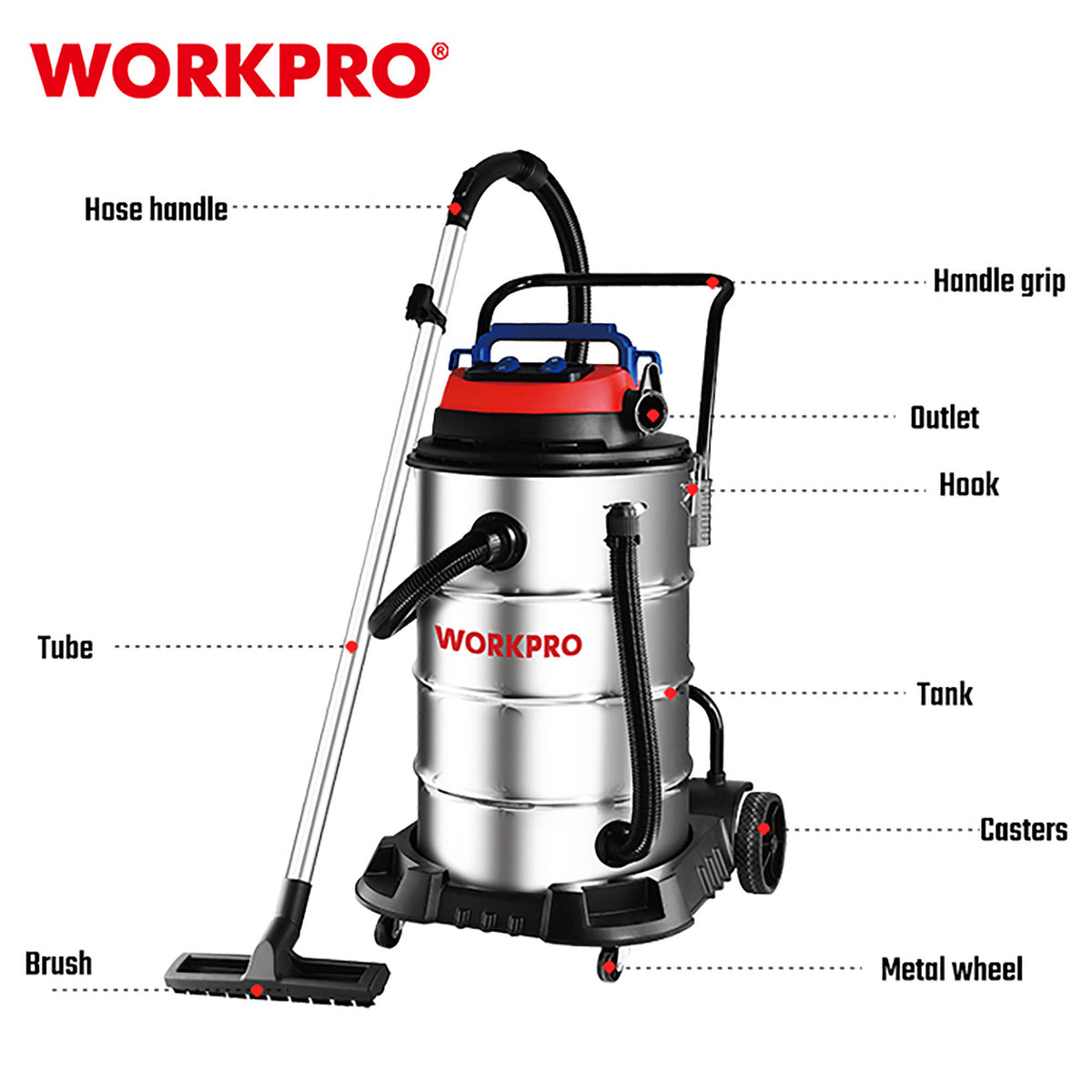 WorkPro WP423006CE Σκούπα Ηλεκτρική Inox Επαγκελαμτική 80lt 3200W (2*1600W)