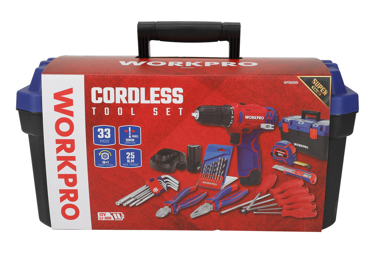 WorkPro WP500005 Επανοφορτιζόμενο Δραπανοκατσάβιδο Μπαταρίας 12V-Li BL 25Nm (2×2,0AH) + Εργαλειοθήκη 500mm COMBO-KIT