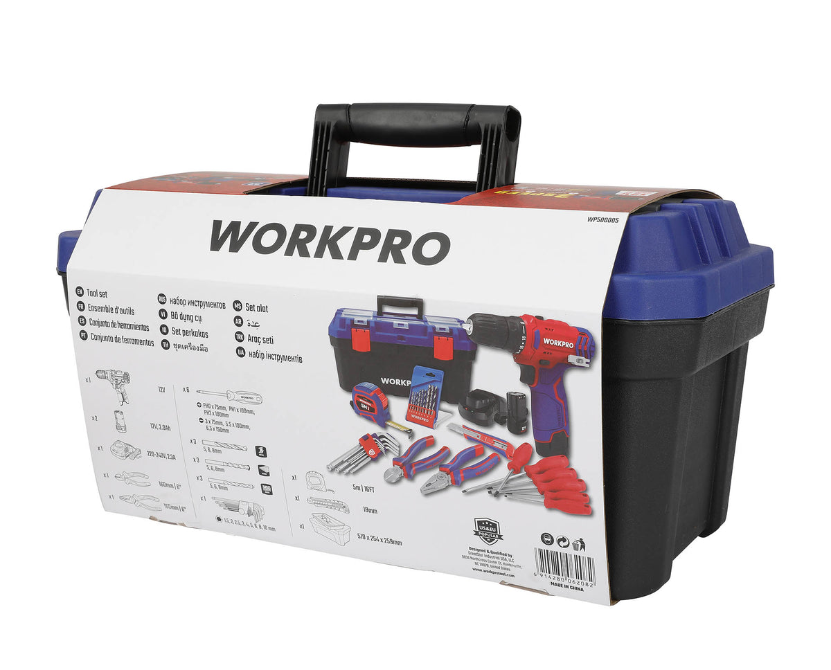 WorkPro WP500005 Επανοφορτιζόμενο Δραπανοκατσάβιδο Μπαταρίας 12V-Li BL 25Nm (2×2,0AH) + Εργαλειοθήκη 500mm COMBO-KIT