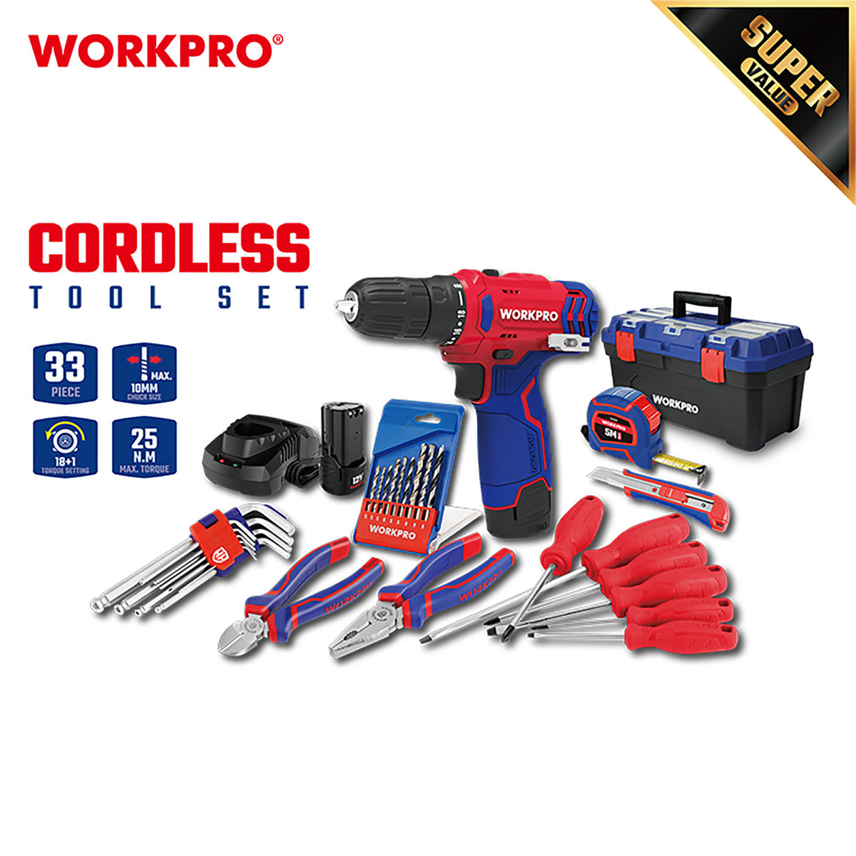 WorkPro WP500005 Επανοφορτιζόμενο Δραπανοκατσάβιδο Μπαταρίας 12V-Li BL 25Nm (2×2,0AH) + Εργαλειοθήκη 500mm COMBO-KIT