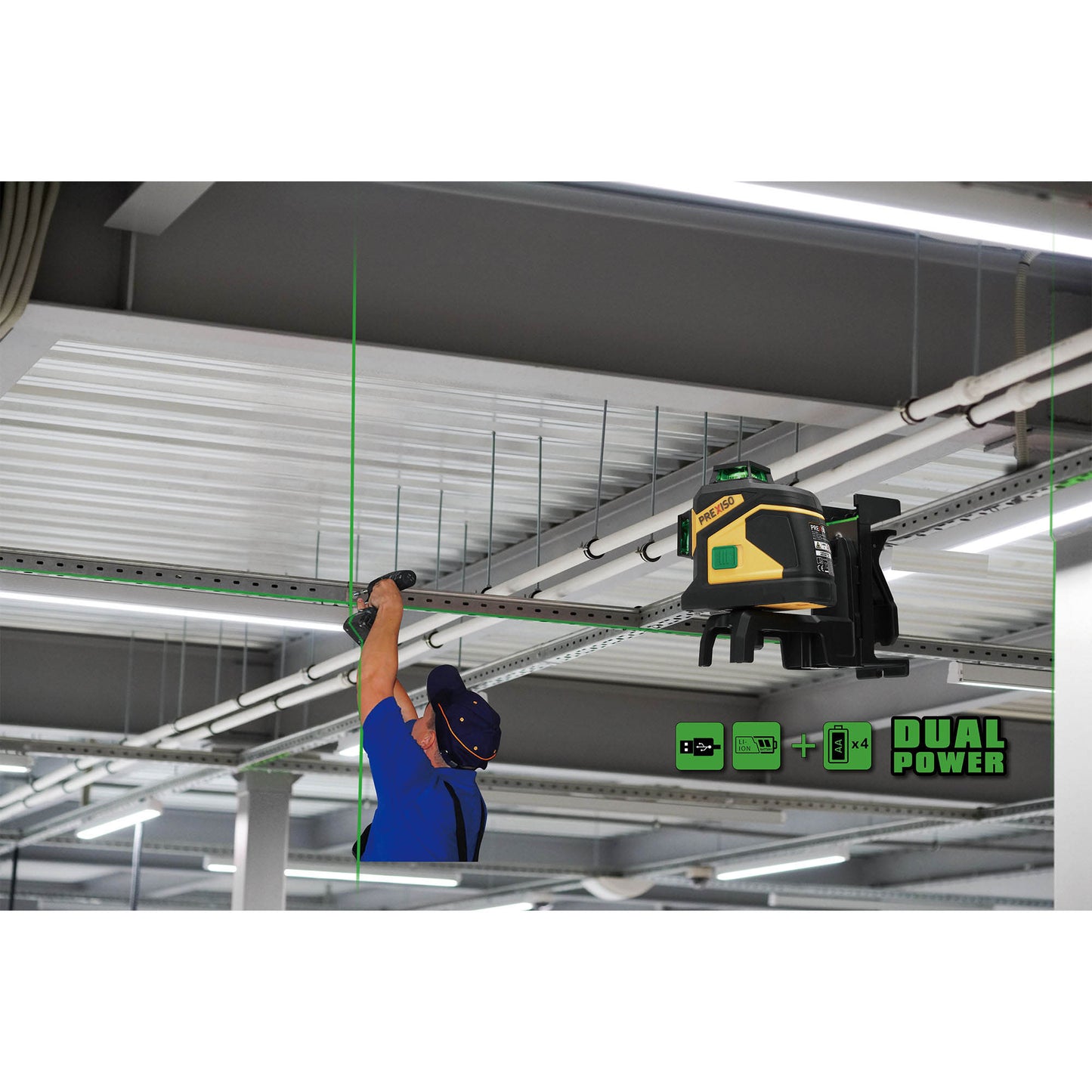 Prexiso PLC3-360G Επανφορτιζόμενο Αλφάδι Laser Σταυρού 3 Δεσμών (Πράσινη Δέσμη) 25m 360°