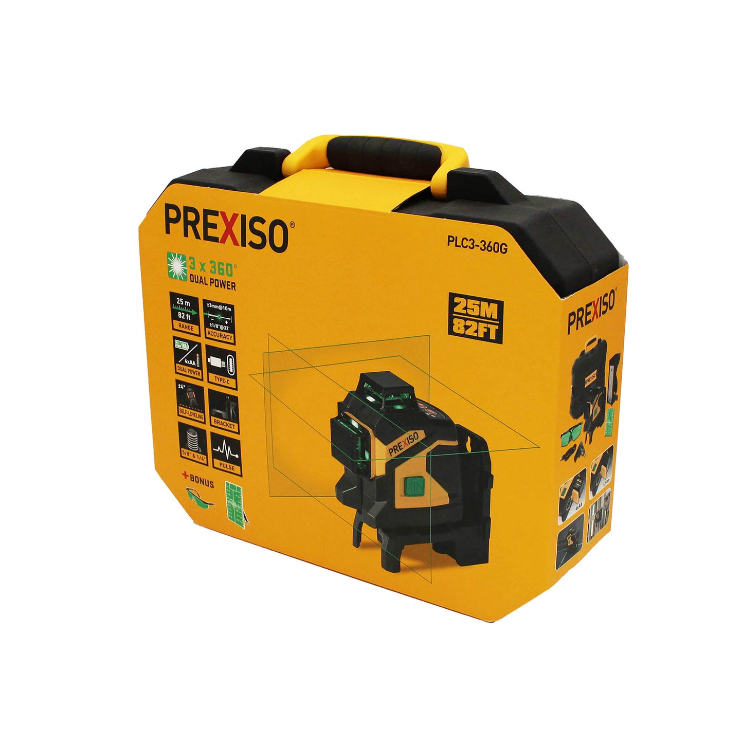 Prexiso PLC3-360G Επανφορτιζόμενο Αλφάδι Laser Σταυρού 3 Δεσμών (Πράσινη Δέσμη) 25m 360°