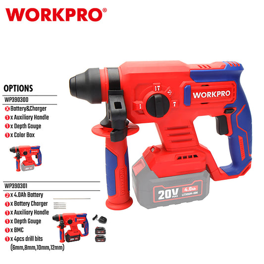 WorkPro WP390300 Επαναφορτιζόμενο Σκαπτικό Περιστροφικό Πιστολέτο SDS-Plus Μπαταρίας 20V-Li BL SOLO