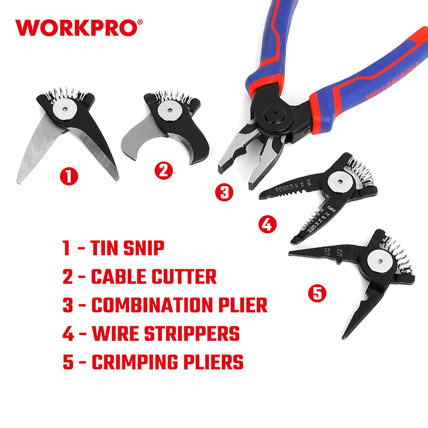 Workpro WP231144 Πένσα Πολυλειτουργική 5 Κεφαλών σε Κασετίνα 200mm