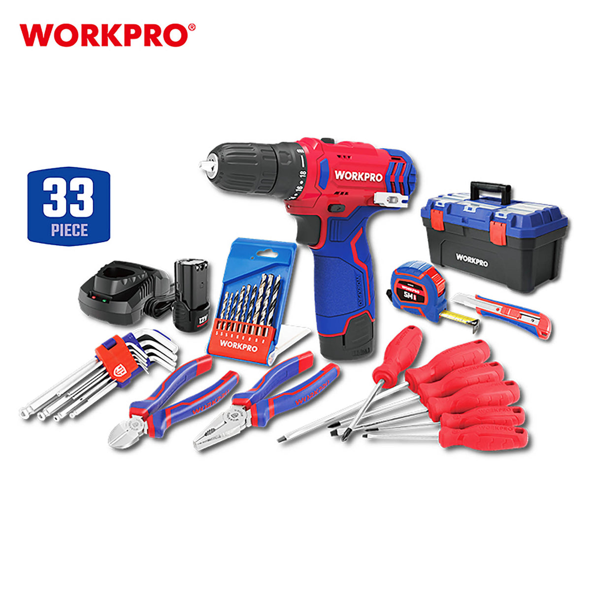 WorkPro WP500005 Επανοφορτιζόμενο Δραπανοκατσάβιδο Μπαταρίας 12V-Li BL 25Nm (2×2,0AH) + Εργαλειοθήκη 500mm COMBO-KIT