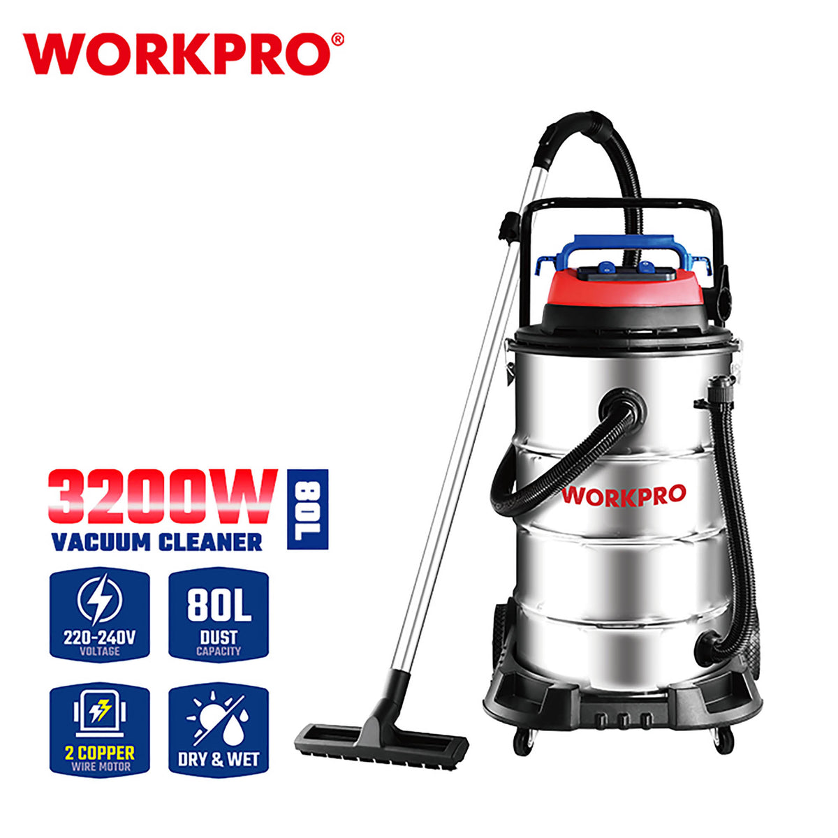 WorkPro WP423006CE Σκούπα Ηλεκτρική Inox Επαγκελαμτική 80lt 3200W (2*1600W)